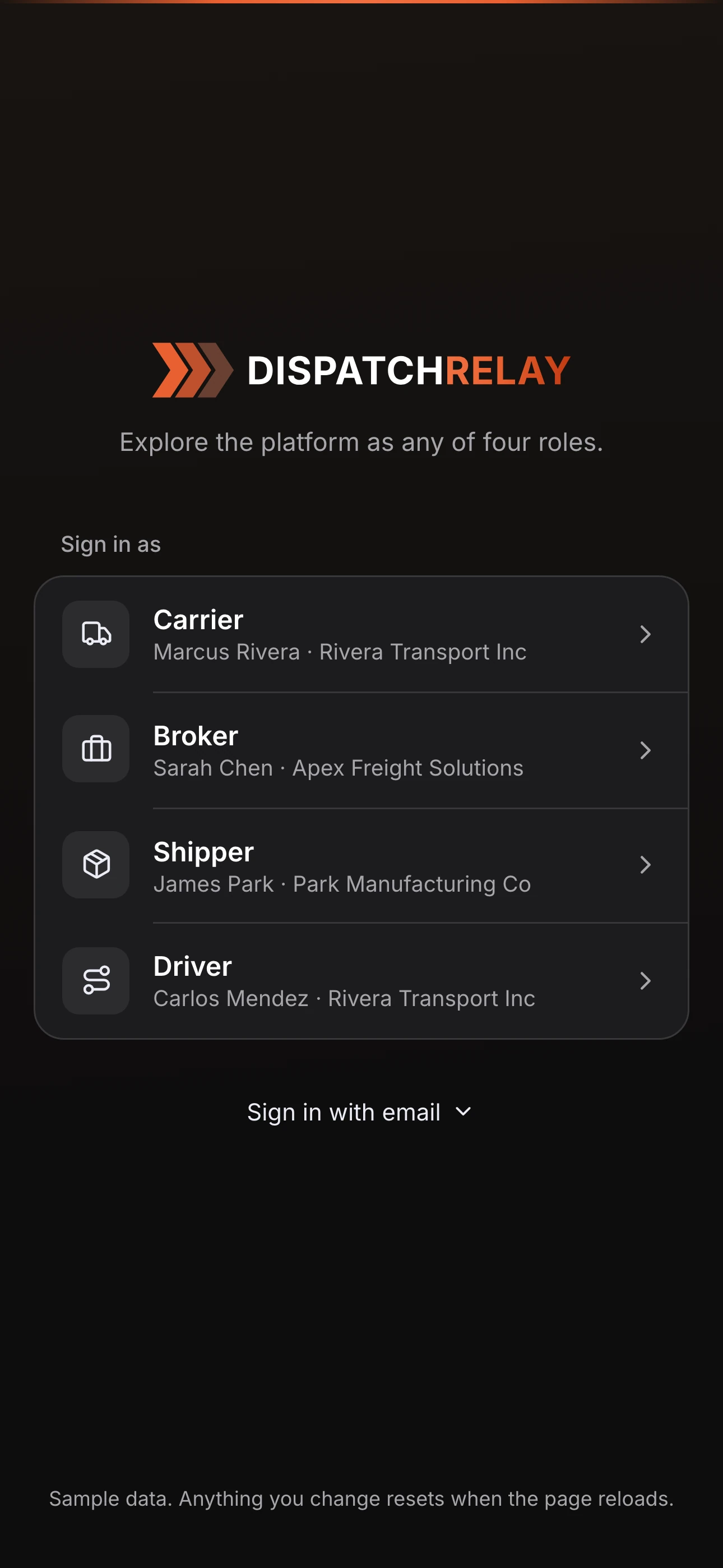 DispatchRelay sign-in: pick a role, carrier, broker, shipper or driver
