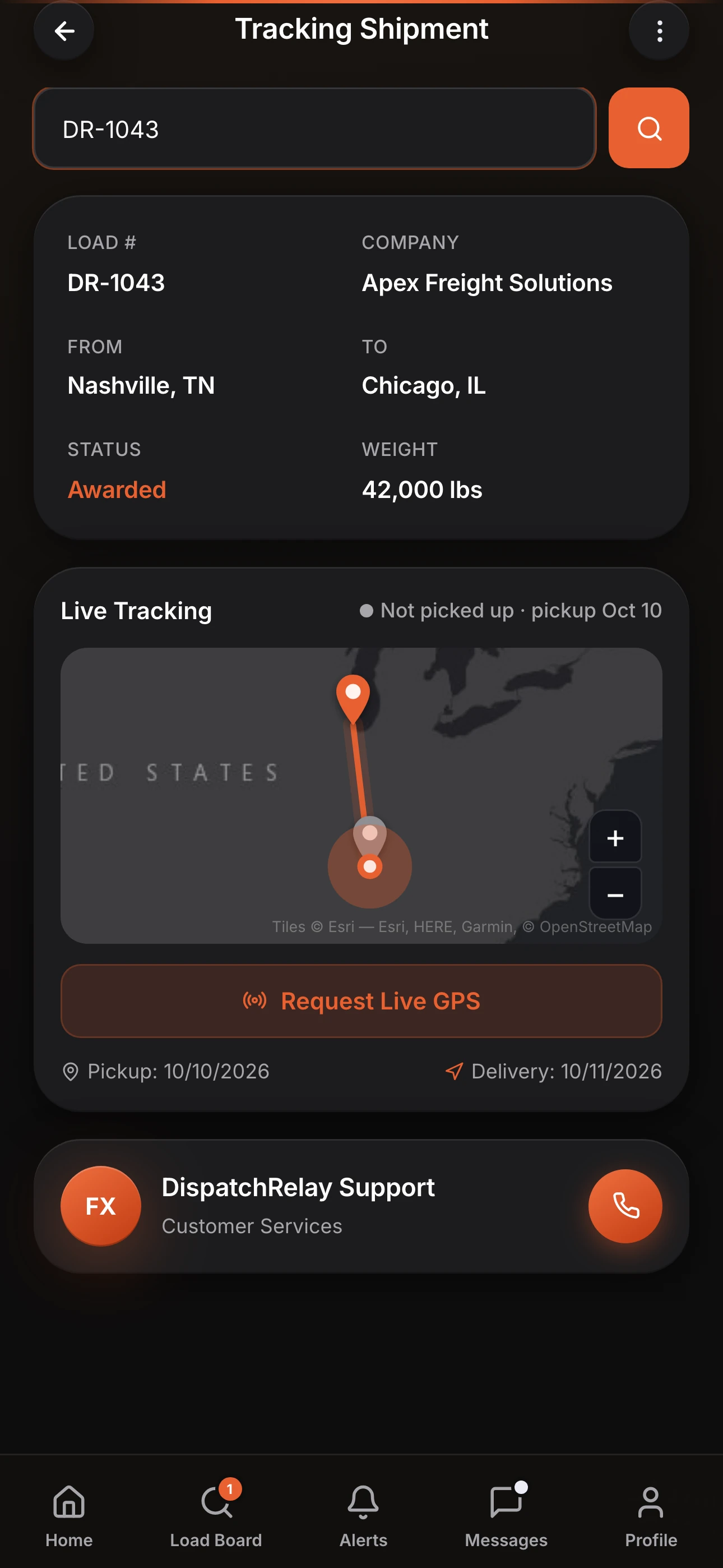 Tracking a shipment: load details and the route from Nashville to Chicago on a map